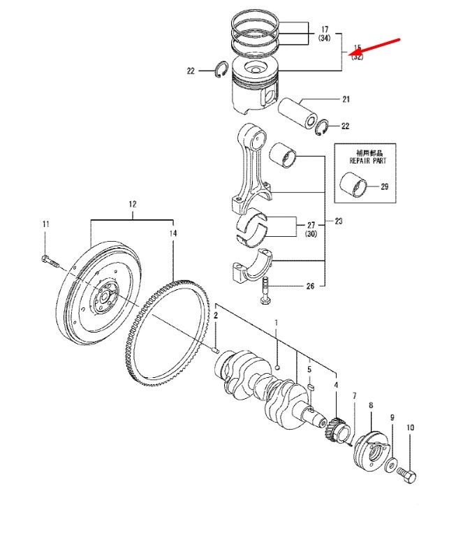 129005-22900 Поршень з кільцем для двигунів Yanmar 3TNV88, 4TNV88