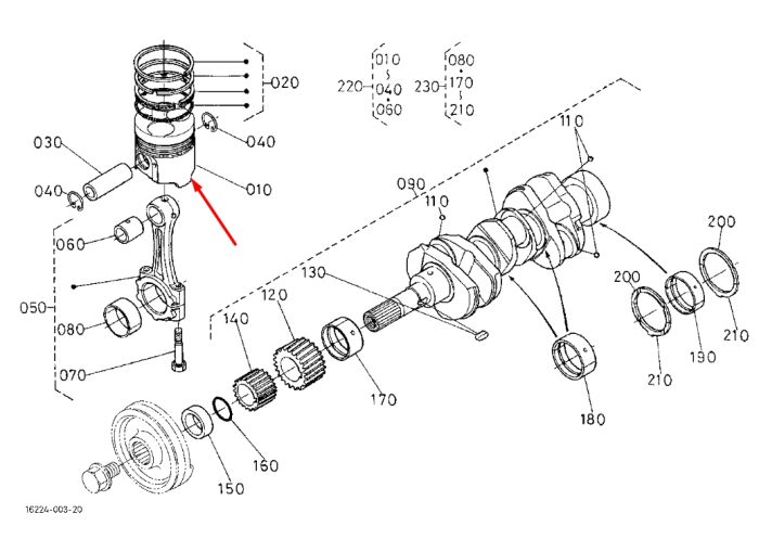 Kubota 16050-21113 Поршень у зборі для двигунів D1005/V1305/V1405