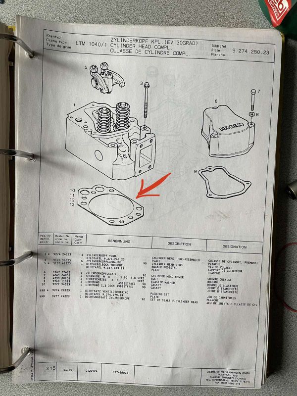 9277945 Прокладка Головки Блоку Циліндрів Liebherr D910, D914, D916, D920, D924, D926 (927794523)