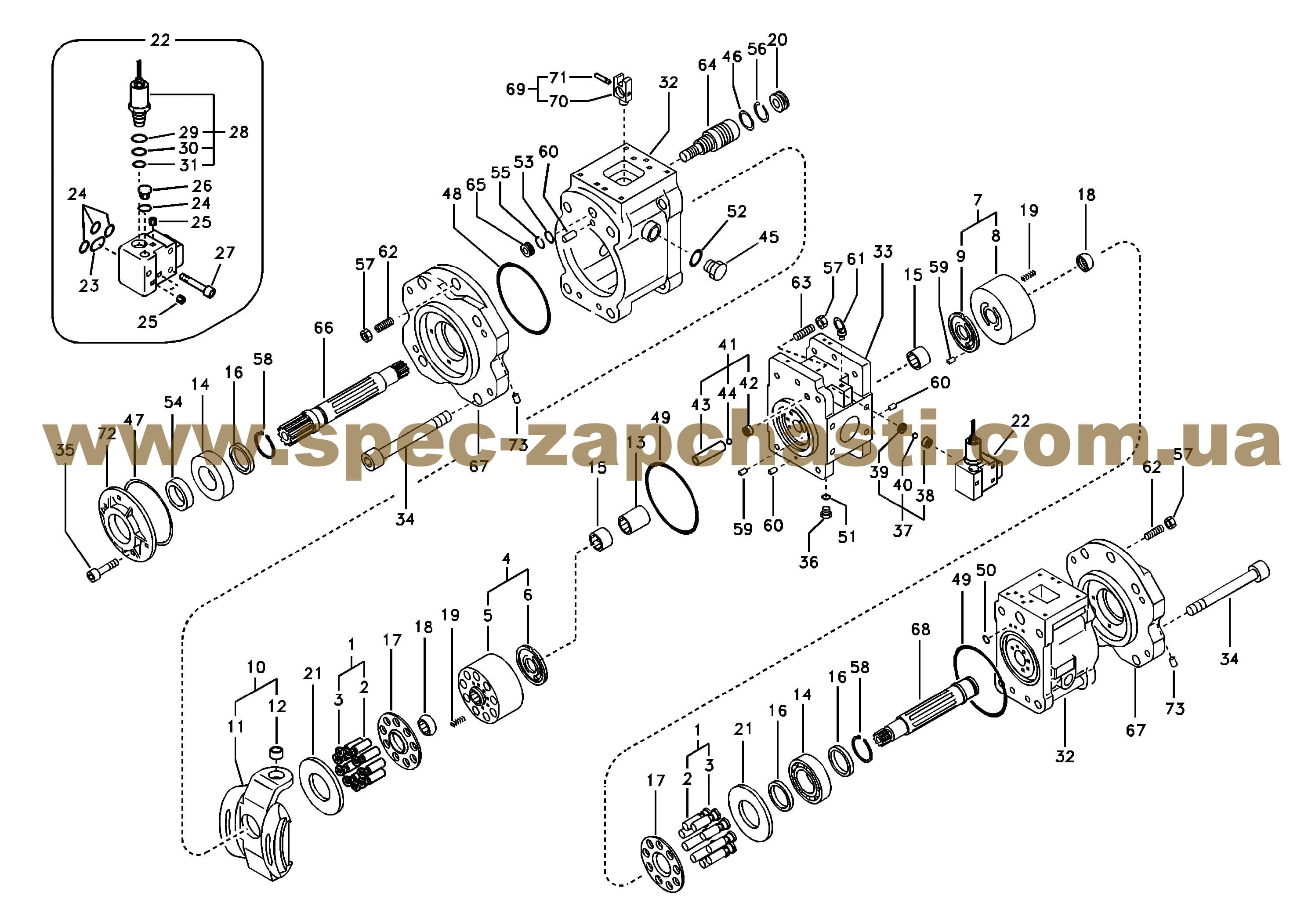 Вал гідронасосу YN10V00043S111 kobelco, new holland sk200-6 sk200-8 e215b