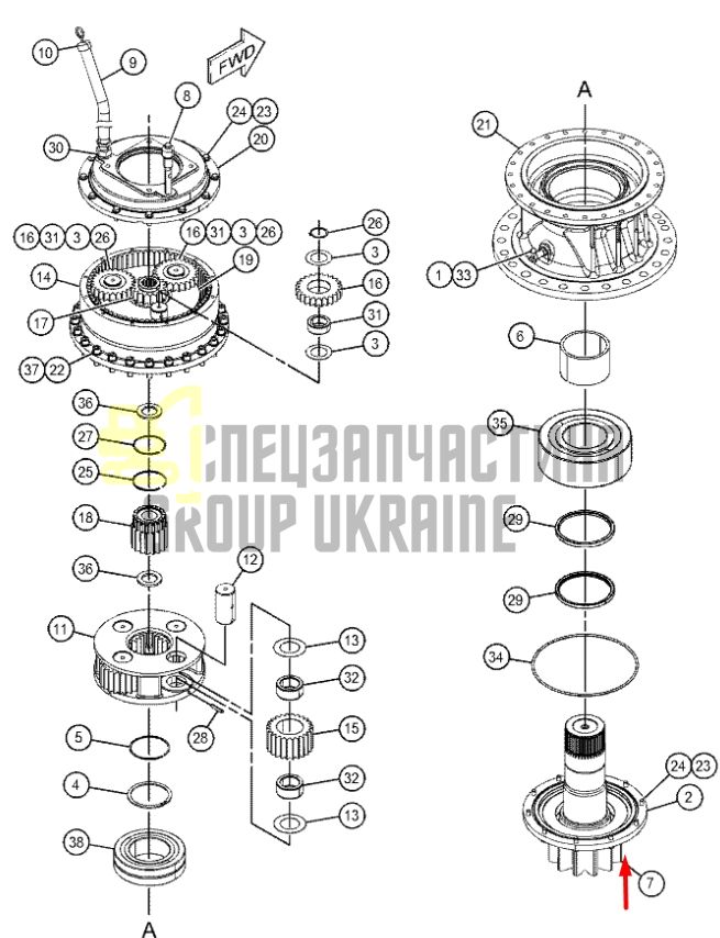199-4496 Вал редуктора повороту Caterpillar 385, 390