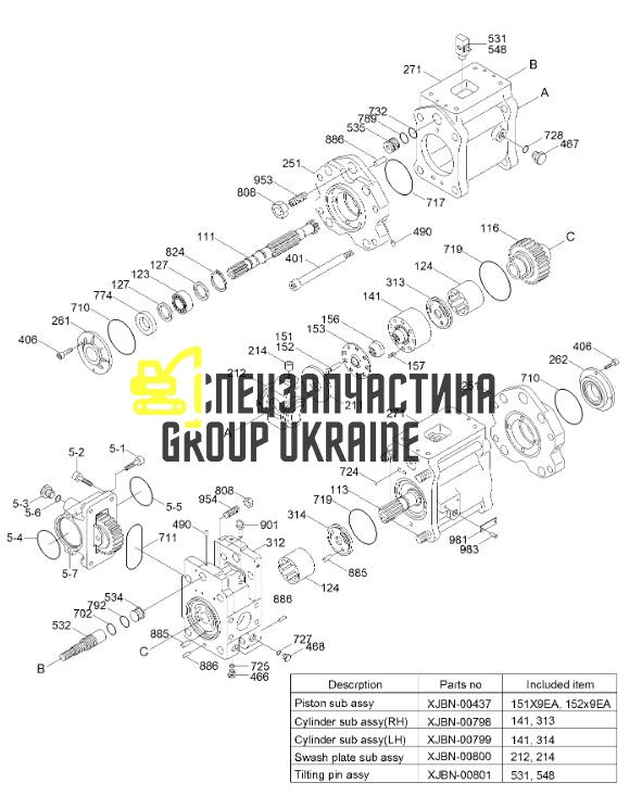 Насос гідравлічний у зборі з PTO Kawasaki K5V80DTP 31N5-15011 Handok
