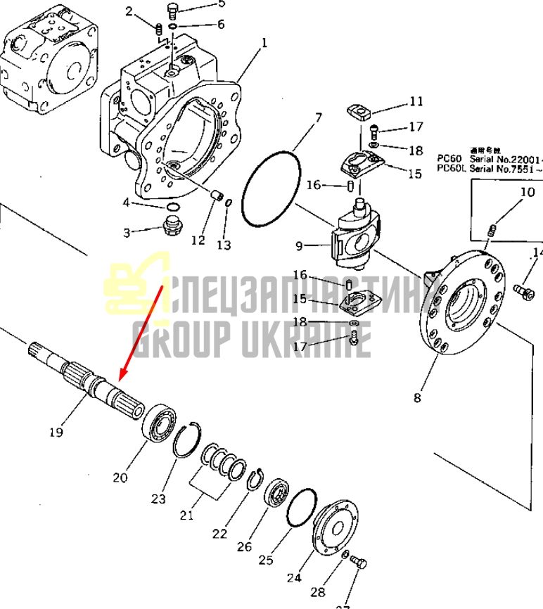 Вал гидронасоса ведомый 708-21-12711 для гидравлики Komatsu HPV35 Handok