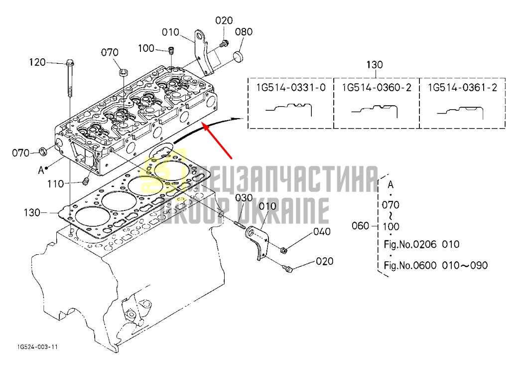 Kubota 1C020-03027 Головка блоку циліндрів ГБЦ для V3300, V3800